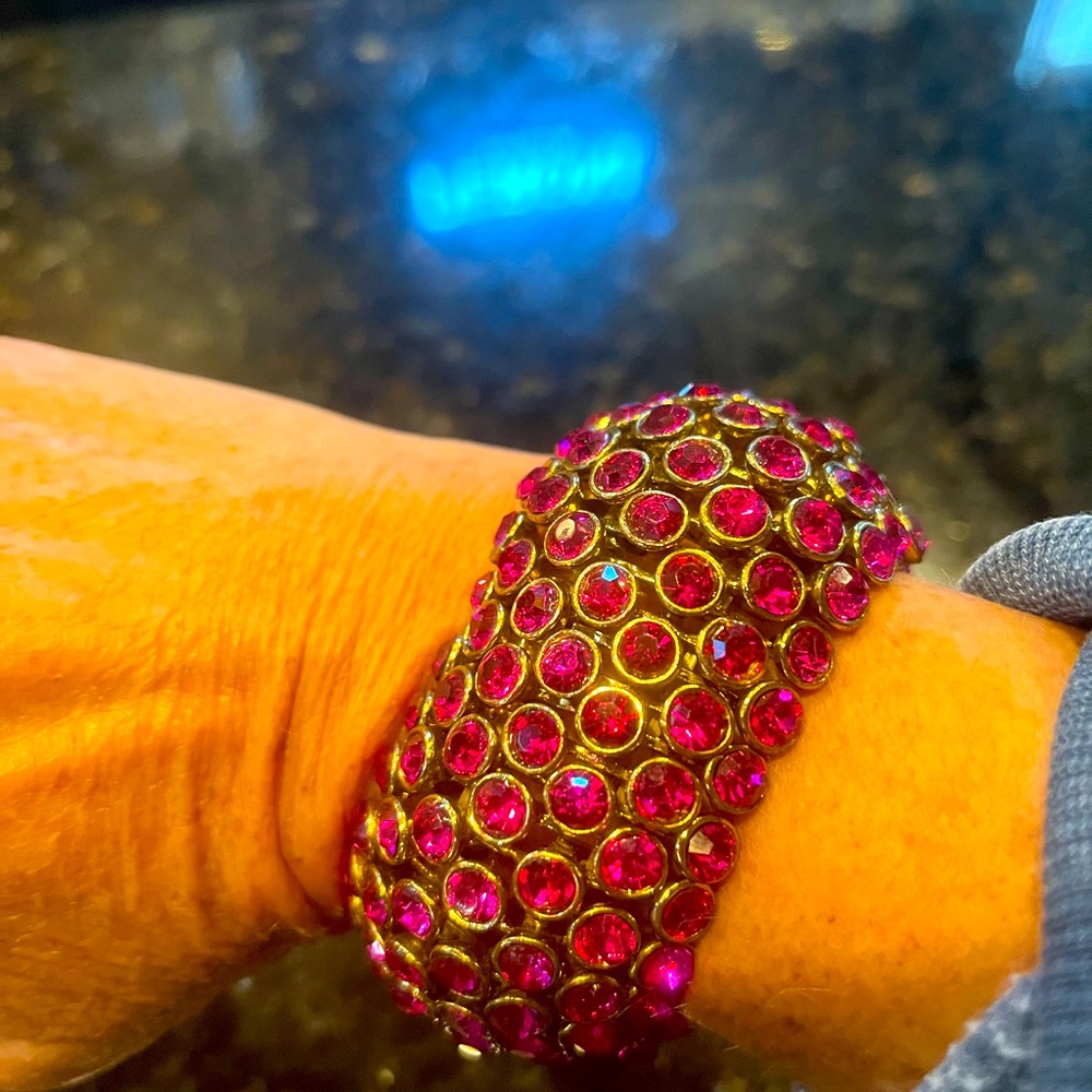 Betsy Johnson (heavy) hot pink stone and gold stretch bracelet.